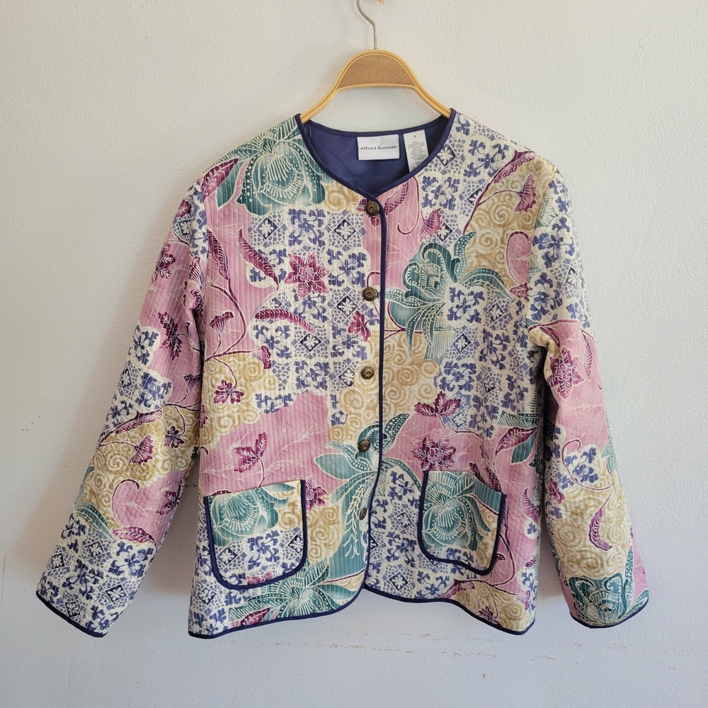 Alfred Dunner Floral Quilted Silk Jacket 8 Multicolor Floral Geometric Cottage